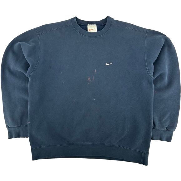 Vintage 90s Mens Navy Blue Embroidered Nike Mini Swoosh Crewneck Sweatshirt Sz M - Picture 1 of 12